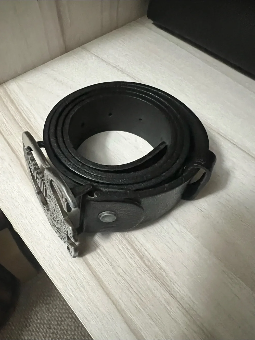 Just Cavalli Black Leather Belt with Silver Crocodile Logo Buckle